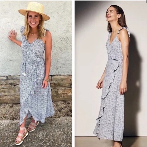 Madewell Ruffled Wrap Maxi Dress Americana Floral Size 00 Blue & White Side Zip - Picture 9 of 9